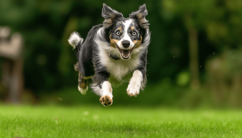 Active Dog running across a green field