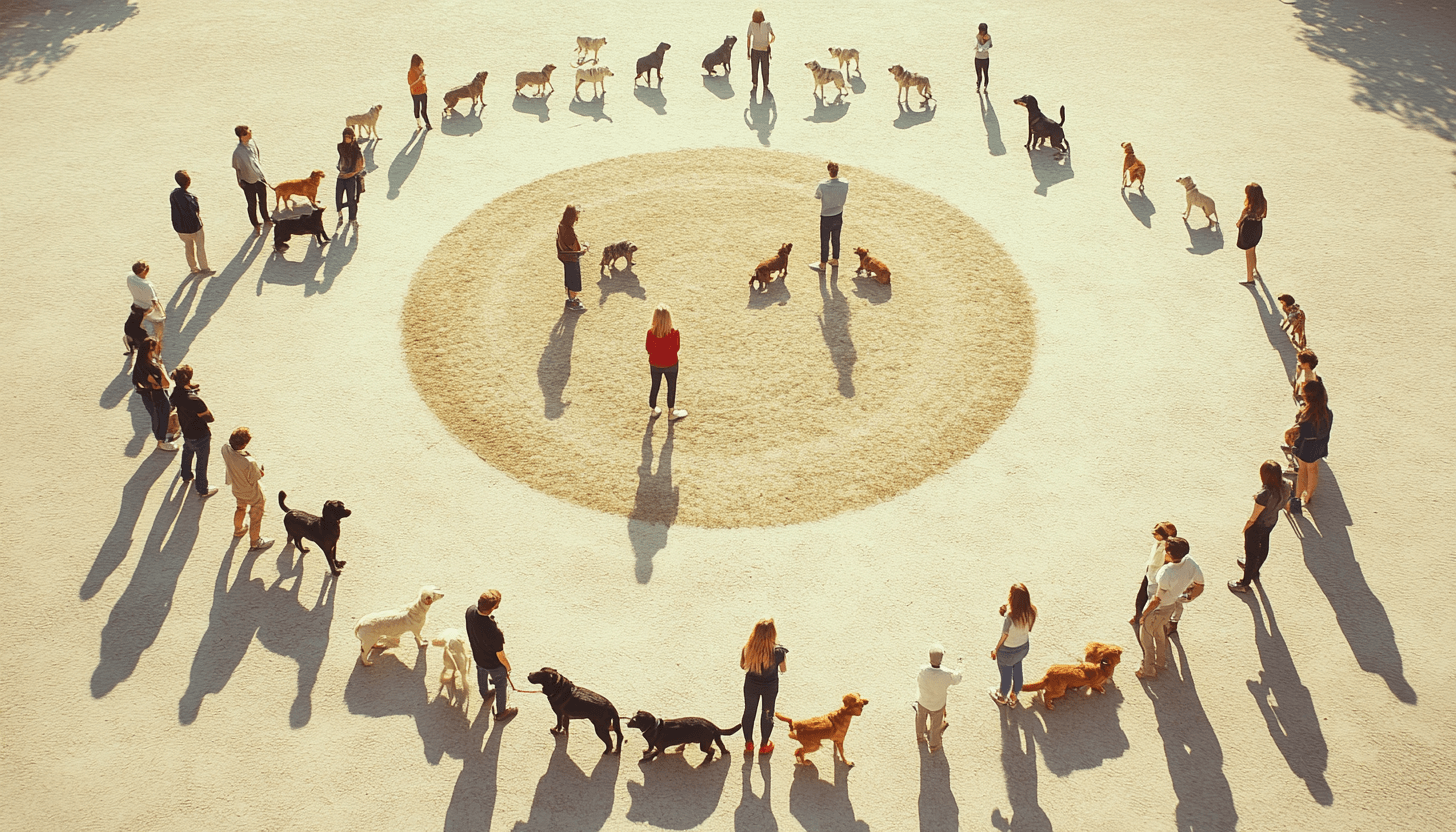 dogs and people standing in a circle