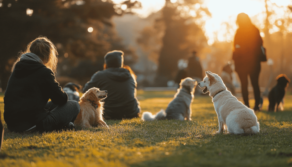 a picture of people and dogs at a park