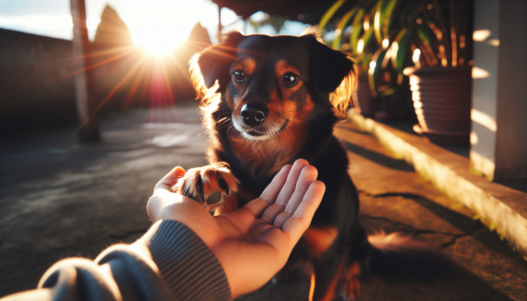 a dog shaking paw with a person