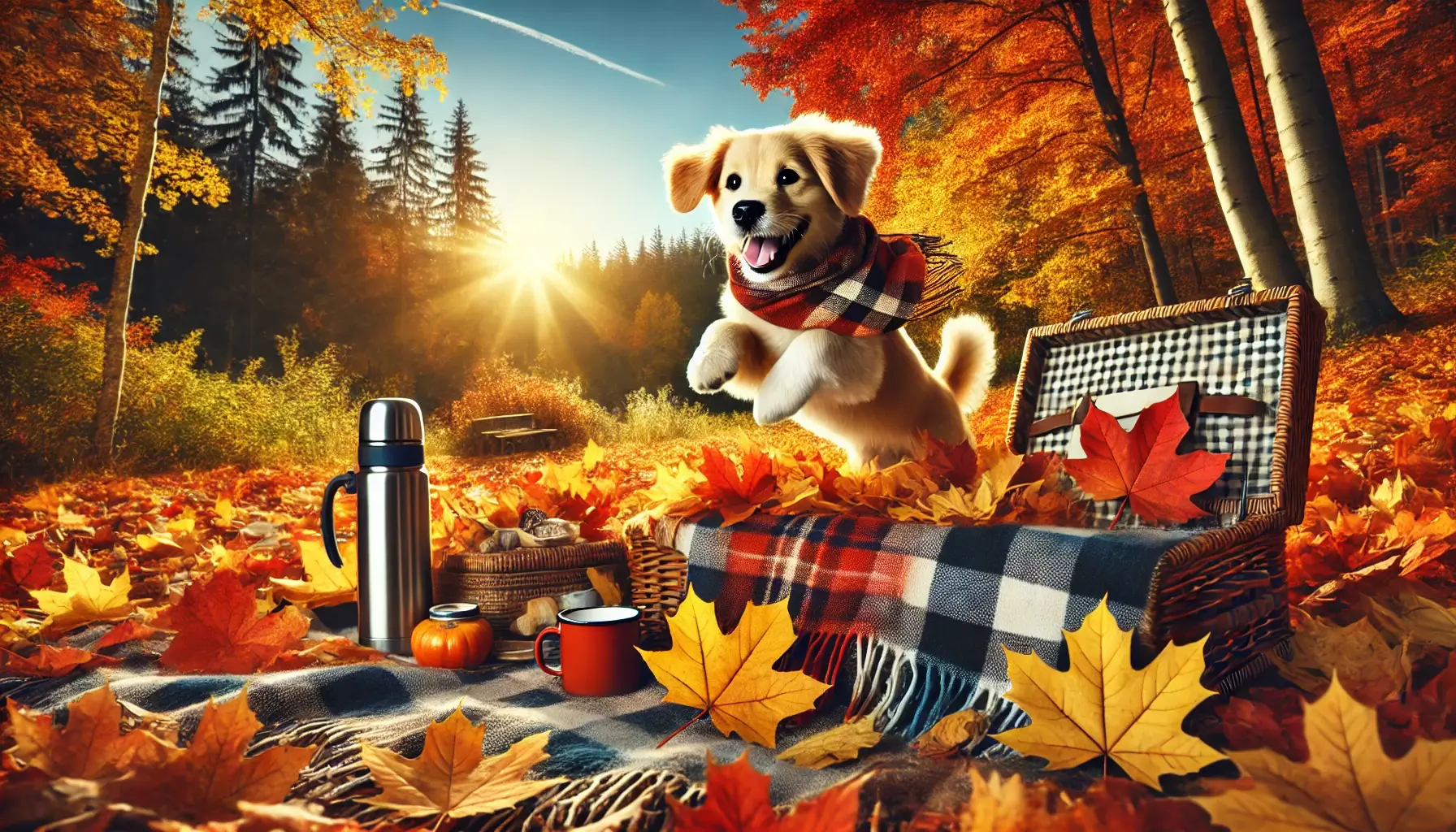 image of a puppy leaping out of the leaves near a picnic basket in a beautiful fall landscape