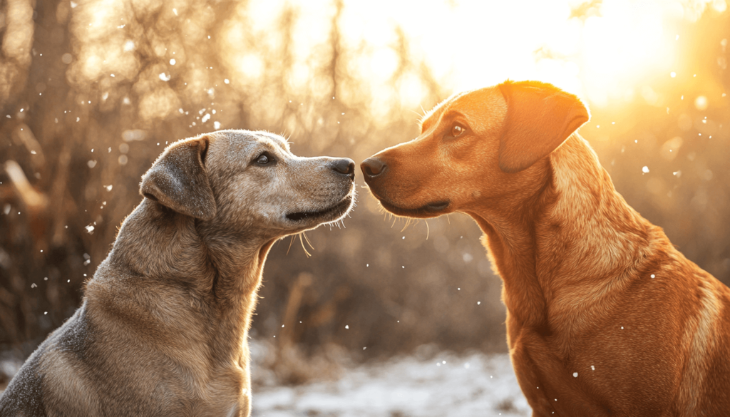 two friendly dogs meeting